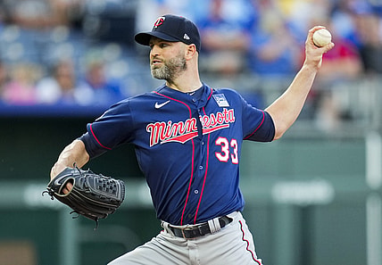 Jun 3, 2021; Kansas City, Missouri, USA; Minnesota Twins starting pitcher J.A. Happ (33) pitches against the Kansas City Royals during the first inning at Kauffman Stadium. Mandatory Credit: Jay Biggerstaff-USA TODAY Sports