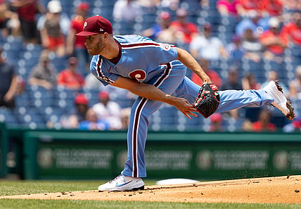Jun 10, 2021; Philadelphia, Pennsylvania, USA; Philadelphia Phillies starting pitcher Zack Wheeler (45) pitches during the first inning against the Atlanta Braves at Citizens Bank Park. Mandatory Credit: Bill Streicher-USA TODAY Sports