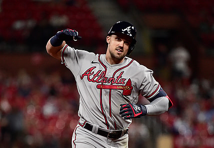 Aug 4, 2021; St. Louis, Missouri, USA;  Atlanta Braves left fielder Adam Duvall (14) reacts as he runs the bases after hitting a two run home run during the sixth inning against the St. Louis Cardinals at Busch Stadium. Mandatory Credit: Jeff Curry-USA TODAY Sports