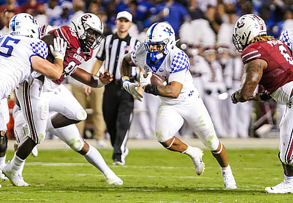 Sep 25, 2021; Columbia, South Carolina, USA; Kentucky Wildcats running back Chris Rodriguez Jr. (24) runs the ball against the South Carolina Gamecocks in the second quarter at Williams-Brice Stadium. Mandatory Credit: Jeff Blake-USA TODAY Sports