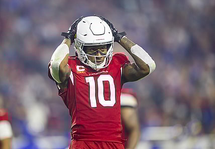 Dec 13, 2021; Glendale, Arizona, USA; Arizona Cardinals wide receiver DeAndre Hopkins (10) reacts against the Los Angeles Rams at State Farm Stadium. Mandatory Credit: Mark J. Rebilas-USA TODAY Sports