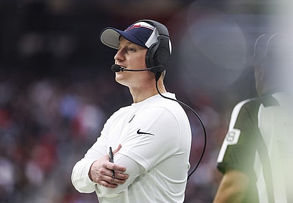 Dec 31, 2023; Houston, Texas, USA; Houston Texans offensive coordinator Bobby Slowik on the sideline during the game against the Tennessee Titans at NRG Stadium. Mandatory Credit: Troy Taormina-USA TODAY Sports