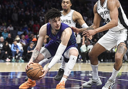 Jan 19, 2024; Charlotte, North Carolina, USA;  Charlotte Hornets guard LaMelo Ball (1) gets an inbound ball during the second half against the Charlotte Hornets at the Spectrum Center. Mandatory Credit: Sam Sharpe-USA TODAY Sports