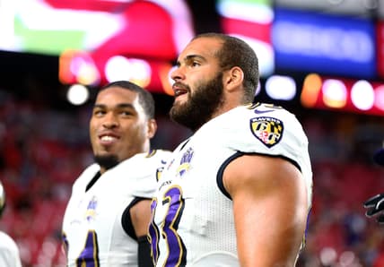 Oct 26, 2015; Glendale, AZ, USA; Baltimore Ravens defensive end Lawrence Guy (93) against the Arizona Cardinals at University of Phoenix Stadium. The Cardinals defeated the Ravens 26-18. Mandatory Credit: Mark J. Rebilas-USA TODAY Sports