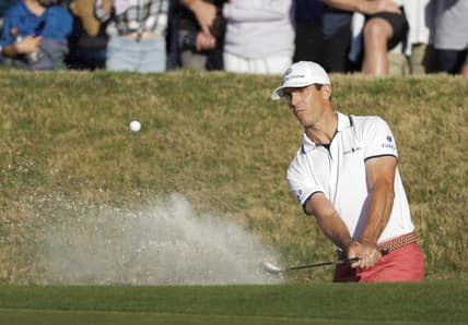 Mar 28, 2021; Austin, Texas, USA; Billy Horschel hits out of the bunker on the 16th hole during the final round of the WGC Dell Technologies Match Play golf tournament at Austin Country Club over Scottie Scheffler. Mandatory Credit: Erich Schlegel-USA TODAY Sports