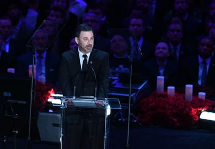 Feb 24, 2020; Los Angeles, California, USA;   Jimmy Kimmel addresses the audience during a memorial to celebrate the life of Kobe Bryant and daughter Gianna Bryant at Staples Center. Mandatory Credit: Robert Hanashiro-USA TODAY Sports