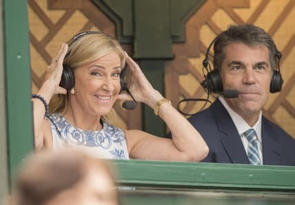 Jul 11, 2017; London, United Kingdom; ESPN commentators Chris Evert and Chris Fowler in their box prior to the Venus Williams (USA) and Jelena Ostapenko (LAT) match on day eight at the All England Lawn Tennis and Croquet Club. Mandatory Credit: Susan Mullane-USA TODAY Sports