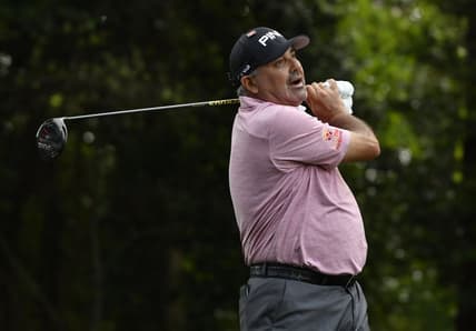 Apr 11, 2019; Augusta, GA, USA; Angel Cabrera hits his tee shot on the 2nd hole during the first round of The Masters golf tournament at Augusta National Golf Club. Mandatory Credit: Michael Madrid-USA TODAY Sports