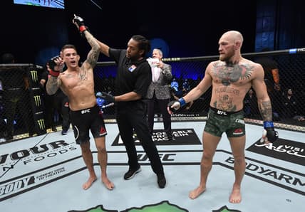 Jan 23, 2021; Abu Dhabi, United Arab Emirates; Dustin Poirier reacts after his knockout victory over Conor McGregor of Ireland in a lightweight fight during the UFC 257 event inside Etihad Arena on UFC Fight Island.  Mandatory Credit: Jeff Bottari/Handout Photo via USA TODAY Sports