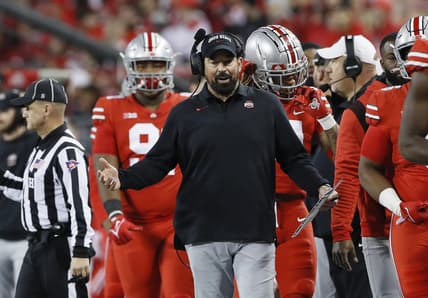 Ohio State Buckeyes head coach Ryan Day walks the sideline during the second quarter of the NCAA football game against the Penn State Nittany Lions at Ohio Stadium in Columbus on Saturday, Oct. 30, 2021.

Penn State At Ohio State Football