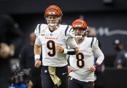 Nov 21, 2021; Paradise, Nevada, USA; Cincinnati Bengals quarterback Joe Burrow (9) and Brandon Allen (8) against the Las Vegas Raiders at Allegiant Stadium. Mandatory Credit: Mark J. Rebilas-USA TODAY Sports