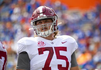 Sep 18, 2021; Gainesville, Florida, USA; Alabama Crimson Tide offensive lineman Tommy Brown (75) against the Florida Gators at Ben Hill Griffin Stadium. Mandatory Credit: Mark J. Rebilas-USA TODAY Sports