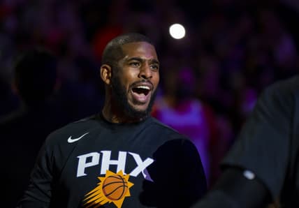 Jan 22, 2022; Phoenix, Arizona, USA; Phoenix Suns guard Chris Paul (3) against the Indiana Pacers at Footprint Center. Mandatory Credit: Mark J. Rebilas-USA TODAY Sports