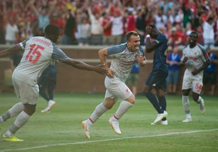 Jul 28, 2018; Ann Arbor, MI, USA; Liverpool player Xherdan Shaqiri celebrates scoring against Manchester United during an International Champions Cup soccer match at Michigan Stadium. Mandatory Credit: Cameron Pollack/Detroit Free Press via USA TODAY Sports