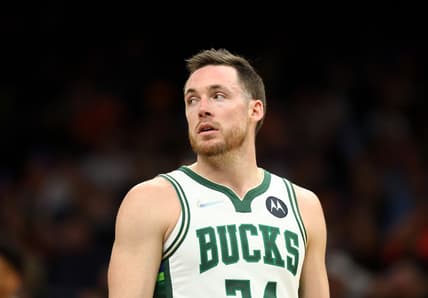 Feb 10, 2022; Phoenix, Arizona, USA; Milwaukee Bucks guard Pat Connaughton (24) against the Phoenix Suns at Footprint Center. Mandatory Credit: Mark J. Rebilas-USA TODAY Sports