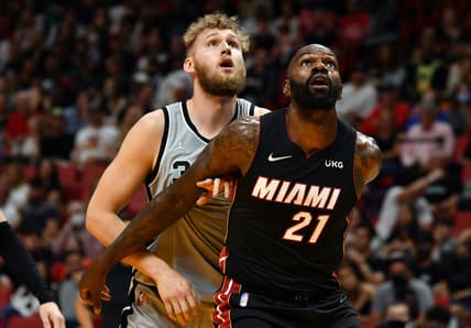 Feb 26, 2022; Miami, Florida, USA;  Miami Heat center Dewayne Dedmon (21) and San Antonio Spurs center Jock Landale (34) try to get position for a rebound during the second half at FTX Arena. Mandatory Credit: Jim Rassol-USA TODAY Sports