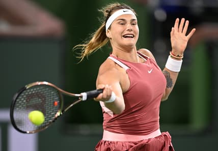 Mar 8, 2022; Indian Wells, CA, USA;  Aryna Sabalenka participates in the Eisenhower Cup, a charity event using the the Tie Break Tens format  at the BNP Paribas Open at Indian Wells Tennis Garden. Mandatory Credit: Jayne Kamin-Oncea-USA TODAY Sports