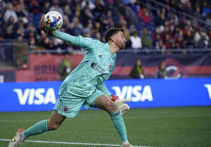 Apr 30, 2022; Foxborough, Massachusetts, USA; New England Revolution goalkeeper Matt Turner (30) passes the ball against Inter Miami during the first half at Gillette Stadium. Mandatory Credit: Bob DeChiara-USA TODAY Sports