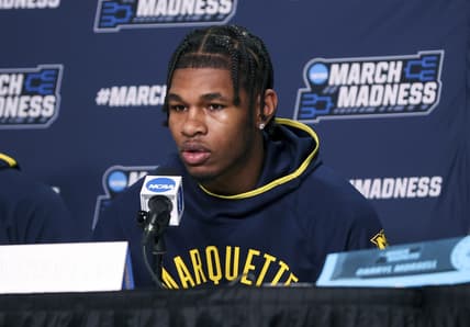 Mar 16, 2022; Fort Worth, TX, USA; Marquette Golden Eagles forward Justin Lewis  speaks to the media during practice before the first round of the 2022 NCAA Tournament at Dickies Arena. Mandatory Credit: Kevin Jairaj-USA TODAY Sports