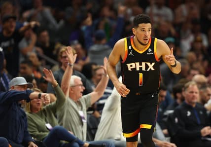 Nov 1, 2022; Phoenix, Arizona, USA; Phoenix Suns guard Devin Booker (1) celebrates a shot against the Minnesota Timberwolves in the second half at Footprint Center. Mandatory Credit: Mark J. Rebilas-USA TODAY Sports