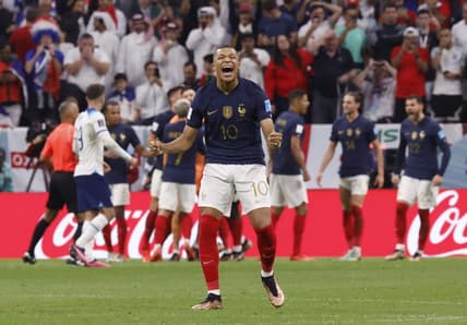 Dec 10, 2022; Al Khor, Qatar; France forward Kylian Mbapp   (10) celebrates after a saved penalty kick during the second half of a quarterfinal game against England in the 2022 FIFA World Cup at Al-Bayt Stadium. Mandatory Credit: Yukihito Taguchi-USA TODAY Sports