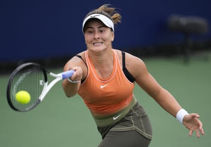 Oct 13, 2022; San Diego, California, US;  Bianca Andreescu of Canada hits the ball against Coco Gauff of the United States during the San Diego Open at Barnes Tennis Center. Mandatory Credit: Ray Acevedo-USA TODAY Sports