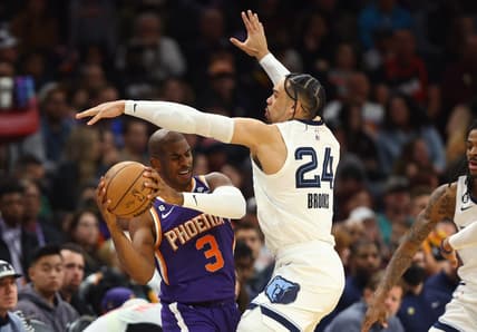 Jan 22, 2023; Phoenix, Arizona, USA; Memphis Grizzlies forward Dillon Brooks (24) defends against Phoenix Suns guard Chris Paul (3) in the first half at Footprint Center. Mandatory Credit: Mark J. Rebilas-USA TODAY Sports