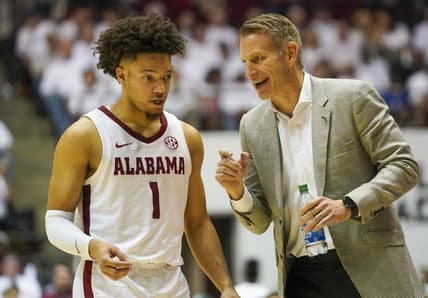 Feb 25, 2023; Tuscaloosa, Alabama, USA; Alabama Crimson Tide guard Mark Sears (1) talks to head coach Nate Oats during the second half against the Arkansas Razorbacks at Coleman Coliseum. Mandatory Credit: Marvin Gentry-USA TODAY Sports