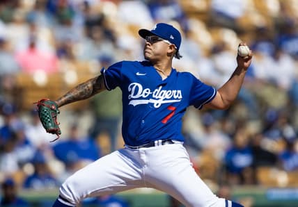 Feb 28, 2023; Phoenix, Arizona, USA; Los Angeles Dodgers pitcher Julio Urias against the Cincinnati Reds during a spring training game at Camelback Ranch-Glendale. Mandatory Credit: Mark J. Rebilas-USA TODAY Sports