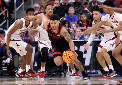 Mar 24, 2023; Louisville, KY, USA; San Diego State Aztecs guard Matt Bradley (20) dribbles away from Alabama Crimson Tide defenders during the second half of the NCAA tournament round of sixteen at KFC YUM! Center. Mandatory Credit: Jordan Prather-USA TODAY Sports
