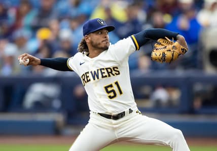 Mar 21, 2023; Phoenix, Arizona, USA; Milwaukee Brewers pitcher Freddy Peralta against the Chicago White Sox during a spring training game at American Family Fields of Phoenix. Mandatory Credit: Mark J. Rebilas-USA TODAY Sports