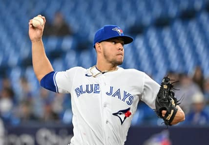 Apr 25, 2023; Toronto, Ontario, CAN;  Toronto Blue Jays starting pitcher Jose Berrios (17) delivers a pitch against the Chicago White Sox in the first inning at Rogers Centre. Mandatory Credit: Dan Hamilton-USA TODAY Sports