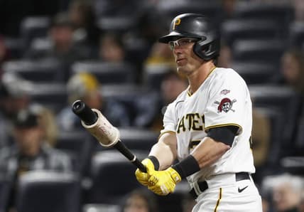 Apr 26, 2023; Pittsburgh, Pennsylvania, USA;  Pittsburgh Pirates pinch hitter Drew Maggi (39) prepares to bat against the Los Angeles Dodgers during the eighth inning at PNC Park. Maggi made his major league debut after spending 13 years and playing in 1,155 games in his  minor league career. The Pirates won 8-1. Mandatory Credit: Charles LeClaire-USA TODAY Sports