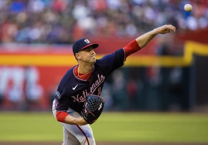 May 6, 2023; Phoenix, Arizona, USA; Washington Nationals pitcher MacKenzie Gore in the third inning against the Arizona Diamondbacks at Chase Field. Mandatory Credit: Mark J. Rebilas-USA TODAY Sports