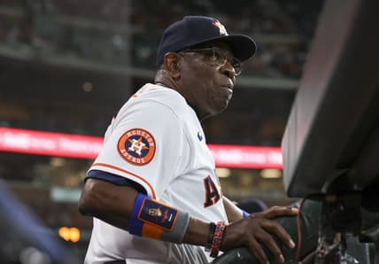 May 17, 2023; Houston, Texas, USA; Houston Astros manager Dusty Baker Jr. (12) looks on from the dugout during the first inning against the Chicago Cubs at Minute Maid Park. Mandatory Credit: Troy Taormina-USA TODAY Sports