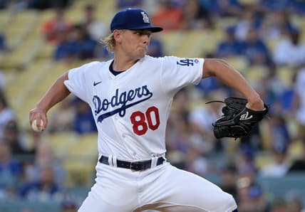Jun 16, 2023; Los Angeles, California, USA; Los Angeles Dodgers starting pitcher Emmet Sheehan (80) pitches in the first inning as he makes his major league debut against the San Francisco Giants at Dodger Stadium. Mandatory Credit: Jayne Kamin-Oncea-USA TODAY Sports