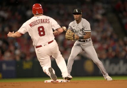 Jun 26, 2023; Anaheim, California, USA;  Los Angeles Angels first baseman Mike Moustakas (8) is out at second as Chicago White Sox shortstop Tim Anderson (7) throws to first for a double play in the seventh inning at Angel Stadium. Mandatory Credit: Jayne Kamin-Oncea-USA TODAY Sports