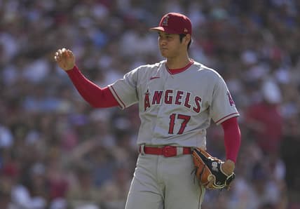 Jul 4, 2023; San Diego, California, USA;  Los Angeles Angels starting pitcher Shohei Ohtani (17) reacts during the fourth inning against the San Diego Padres at Petco Park. Mandatory Credit: Ray Acevedo-USA TODAY Sports