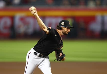 Aug 22, 2023; Phoenix, Arizona, USA; Arizona Diamondbacks pitcher Zac Gallen against the Texas Rangers at Chase Field. Mandatory Credit: Mark J. Rebilas-USA TODAY Sports