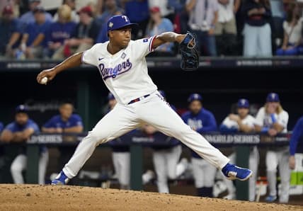 Oct 27, 2023; Arlington, TX, USA; Texas Rangers pitcher Jose Leclerc (25) throws during the tenth inning in game one of the 2023 World Series against the Arizona Diamondbacks at Globe Life Field.  Mandatory Credit: Raymond Carlin III-USA TODAY Sports