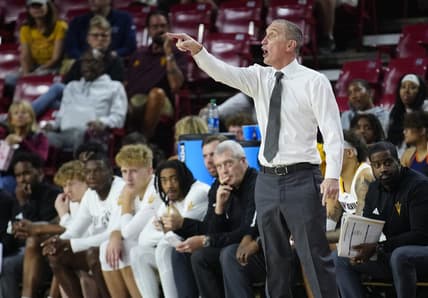 November 11, 2023; Tempe, Ariz.; USA; ASU head coach Bobby Hurley calls out to his team during the season home opener against Texas Southern at Desert Financial Arena.
