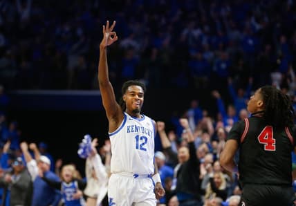 Kentucky   s Antonio Reeves celebrates making a three against Georgia   s Silas Demary Jr Saturday night at Rupp Arena.
Jan. 20, 2024