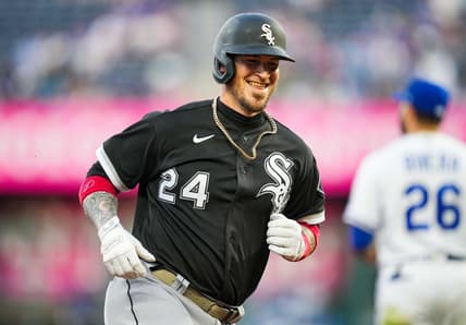 May 16, 2022; Kansas City, Missouri, USA; Chicago White Sox catcher Yasmani Grandal (24) reacts after hitting a home run against the Kansas City Royals during the fourth inning at Kauffman Stadium. Mandatory Credit: Jay Biggerstaff-USA TODAY Sports