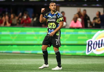 Nov 7, 2023; Atlanta, Georgia, USA; Atlanta United forward Giorgos Giakoumakis (7) celebrates after a goal in first half against Columbus Crew at Mercedes-Benz Stadium. Mandatory Credit: Brett Davis -USA TODAY Sports