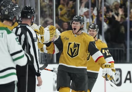 Korczak on the fly-by after scoring his first career NHL goal. (Photo/Screenshot- Vegas Golden Knights via Twitter)