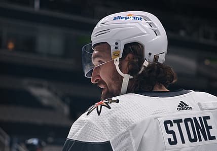 Mar 5, 2021; San Jose, California, USA; Vegas Golden Knights right wing Mark Stone (61) looks on between plays against the San Jose Sharks during the second period at SAP Center at San Jose. Mandatory Credit: Kelley L Cox-USA TODAY Sports
