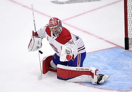 Jul 7, 2021; Tampa, Florida, USA; Montreal Canadiens goaltender Carey Price (31) warms up before game five of the 2021 Stanley Cup Final against the Tampa Bay Lightning at Amalie Arena. Mandatory Credit: Douglas DeFelice-USA TODAY Sports
