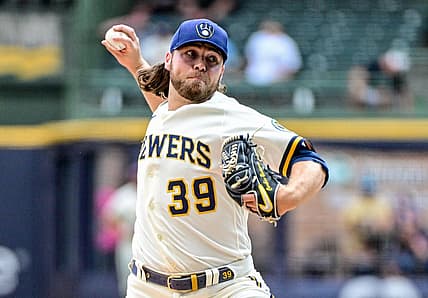 Sep 8, 2022; Milwaukee, Wisconsin, USA; Milwaukee Brewers pitcher Corbin Burnes (39) throws a pitch in the first inning against the San Francisco Giants at American Family Field. Mandatory Credit: Benny Sieu-USA TODAY Sports