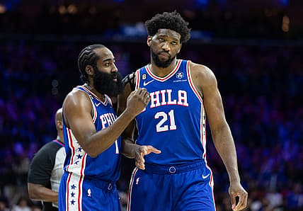 Feb 1, 2023; Philadelphia, Pennsylvania, USA; Philadelphia 76ers guard James Harden (1) and center Joel Embiid (21) talks during a break in the fourth quarter against the Orlando Magic at Wells Fargo Center. Mandatory Credit: Bill Streicher-USA TODAY Sports