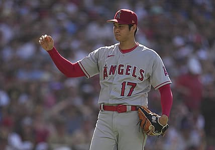 Jul 4, 2023; San Diego, California, USA;  Los Angeles Angels starting pitcher Shohei Ohtani (17) reacts during the fourth inning against the San Diego Padres at Petco Park. Mandatory Credit: Ray Acevedo-USA TODAY Sports